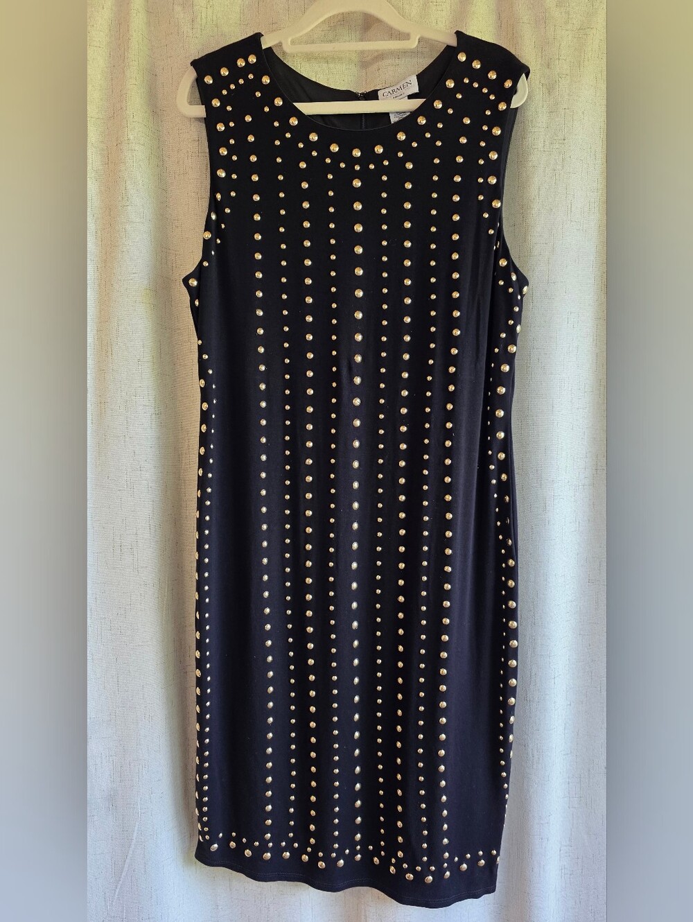 Carmen Marc Valvo Black With Gold Studded Sheath Dress XL